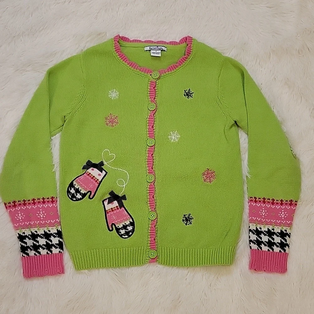 Heartstrings Lime Green And Pink Cardigan Sweater Winter Applique Girl Size 7